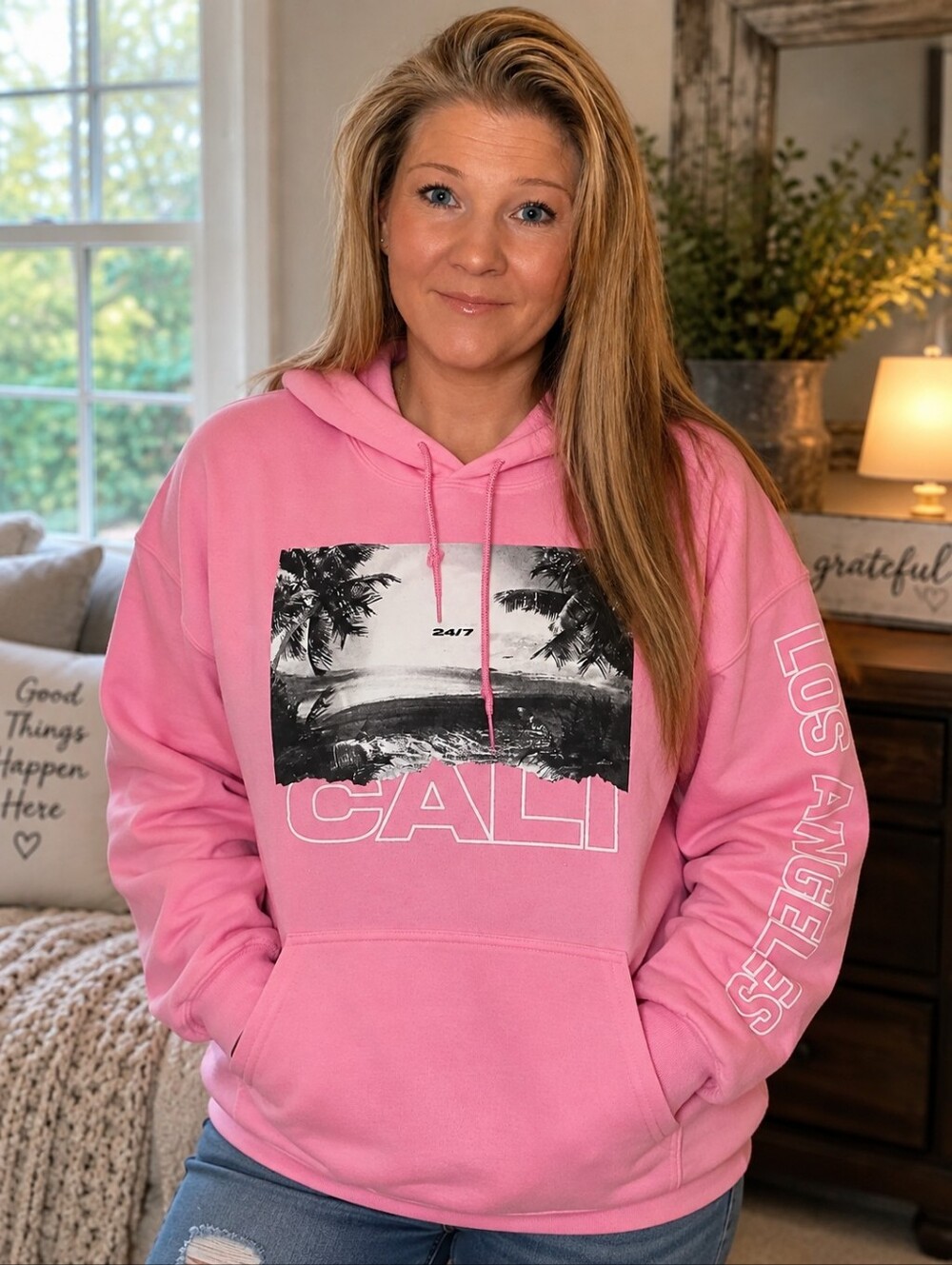 Pink 'CALI' Graphic Pullover Hoodie Sweater for Women